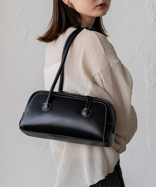 Solid Black Contrast Stitch Baguette Shoulder Bag