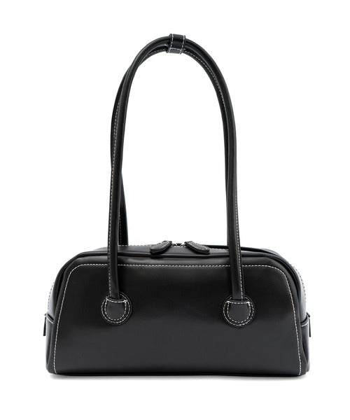 Solid Black Contrast Stitch Baguette Shoulder Bag
