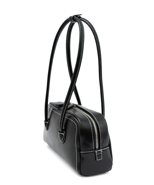 Solid Black Contrast Stitch Baguette Shoulder Bag