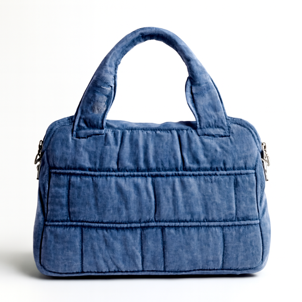 Deep Blue Padded Grid Denim Hand Bag