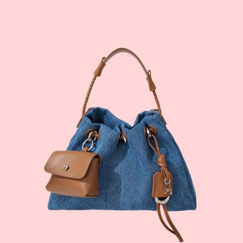 Bright Blue Drawstring Bucket Denim Bag