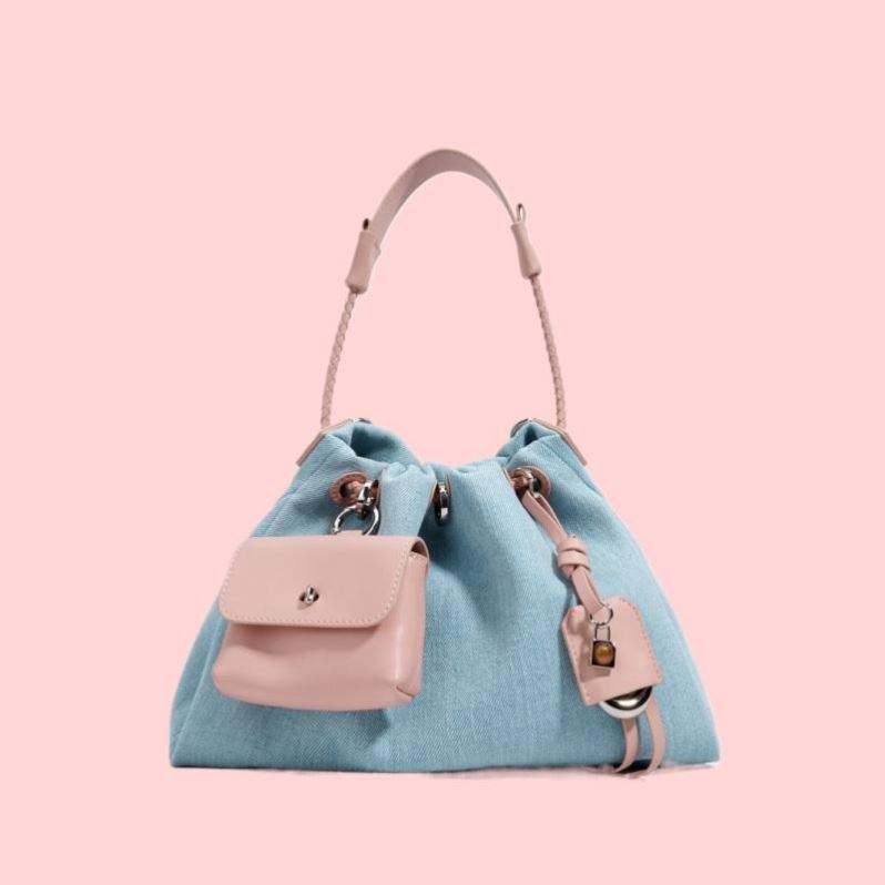 Bright Blue Drawstring Bucket Denim Bag