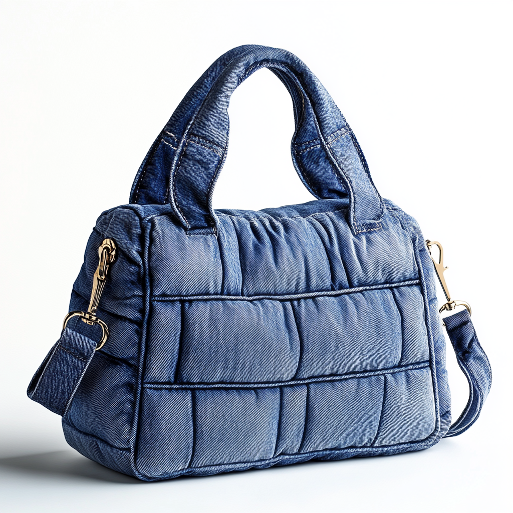 Deep Blue Padded Grid Denim Hand Bag