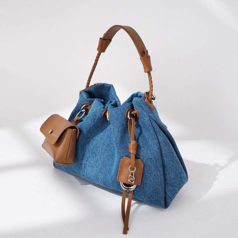 Bright Blue Drawstring Bucket Denim Bag