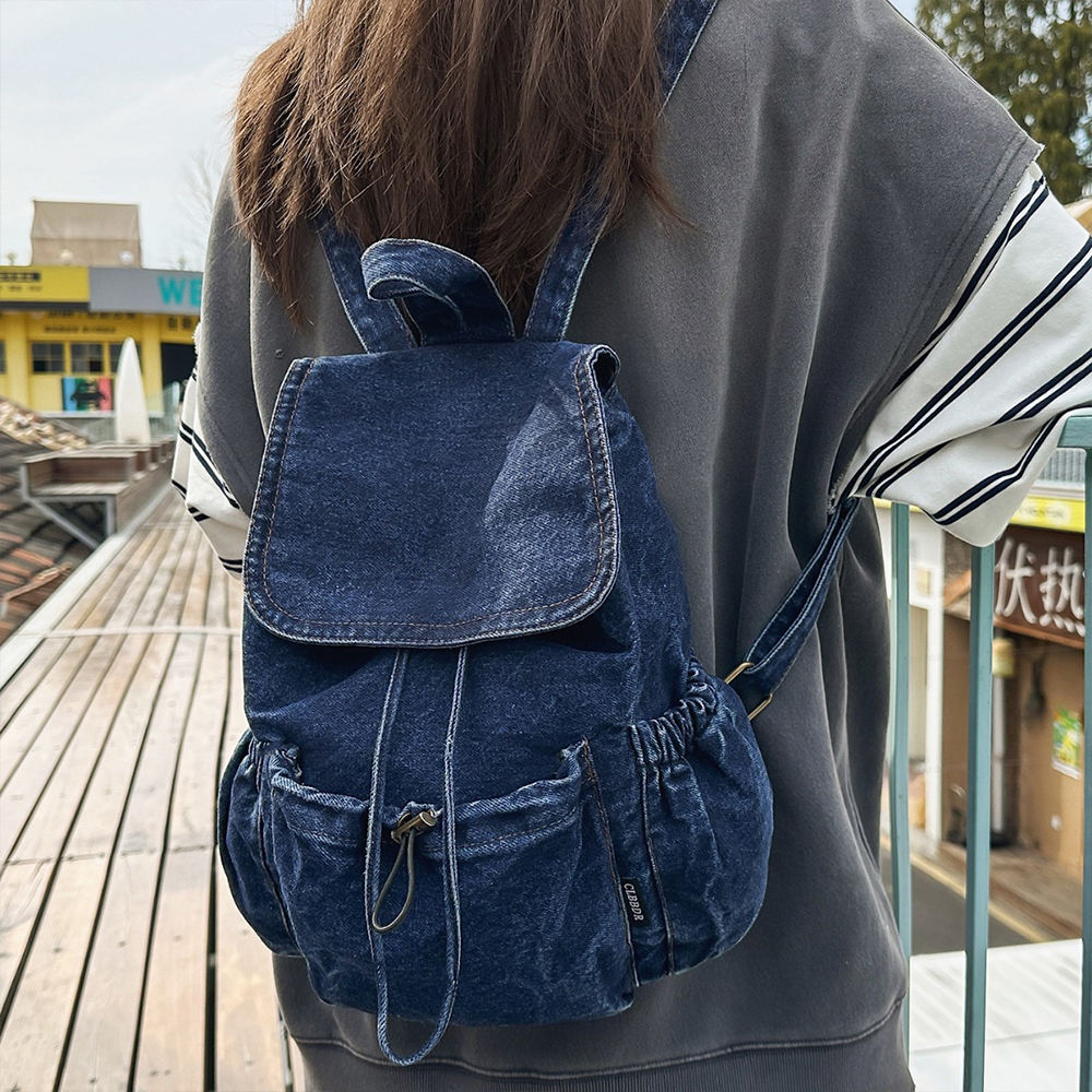 Washed Blue Drawstring Flap Denim Backpack Bag