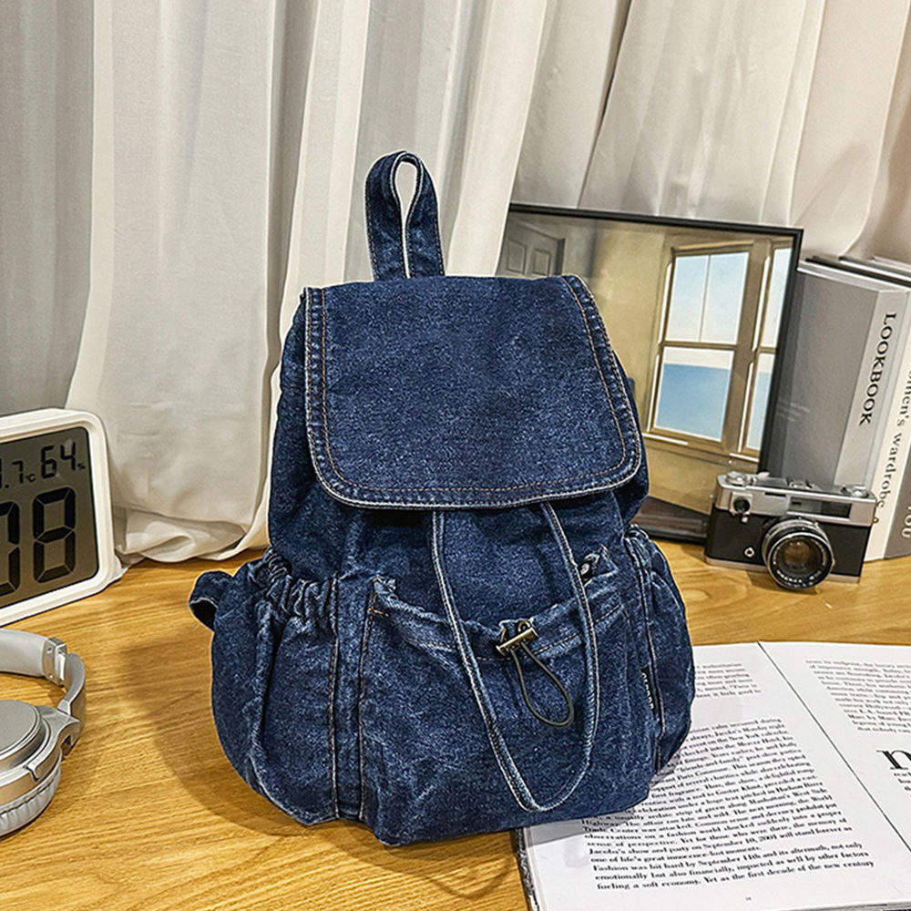 Washed Blue Drawstring Flap Denim Backpack Bag