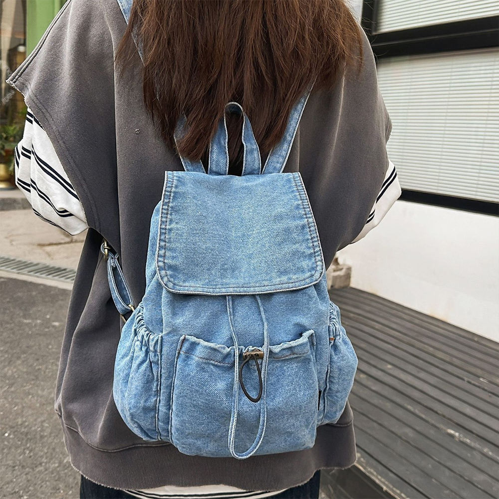 Washed Blue Drawstring Flap Denim Backpack Bag