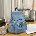 Washed Blue Drawstring Flap Denim Backpack Bag
