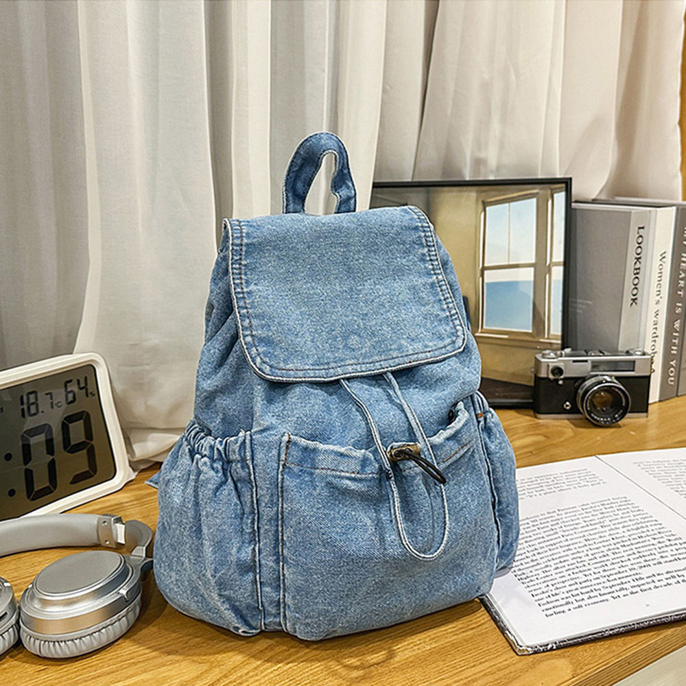 Washed Blue Drawstring Flap Denim Backpack Bag
